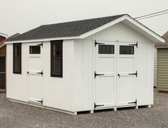 10x14 Front Entry Peak Roof Style Storage Shed with White Siding and Black Window Trim