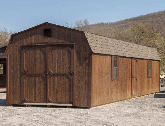 12x32 Gambrel Dutch Barn Style Storage Shed With Coffee Brown LP Smart Side, brown trim, and a shingle roof