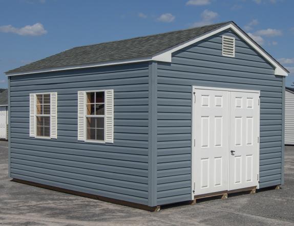 12x16 Peak Style Storage Shed with vinyl siding and fiberglass double doors