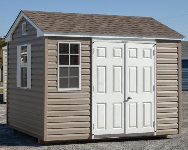 8x10 Peak Style Prefab Storage Shed with Java Brown Vinyl Siding and White Trim and Doors