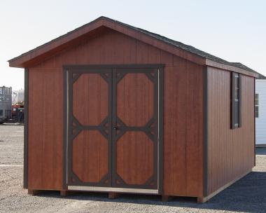 10x16 Front Entry Peak Storage Shed with Redwood Siding from Pine Creek Structures