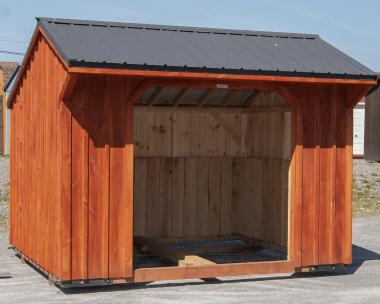 10x12 Run In Barn With Stained Board N Batten Siding and a Metal roof