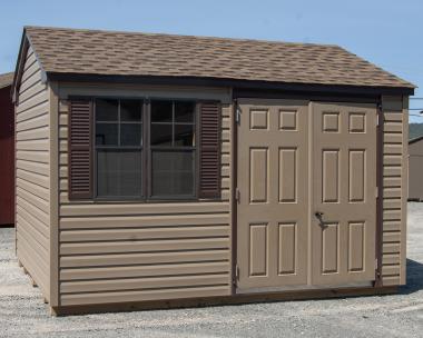 10x12 Peak Shed with Java Brown Vinyl Siding, Dark Brown Trim, and Shingle Roof