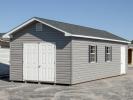 12x28 Front Entry Peak Storage Shed with Vinyl Siding and Roof Overhangs